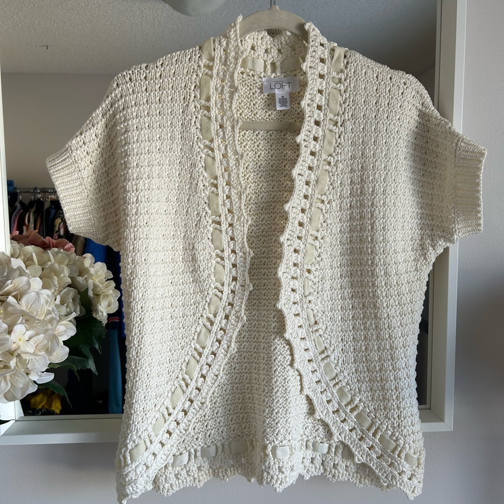 LOFT Cream Crochet Knit Open Cardigan Shrug